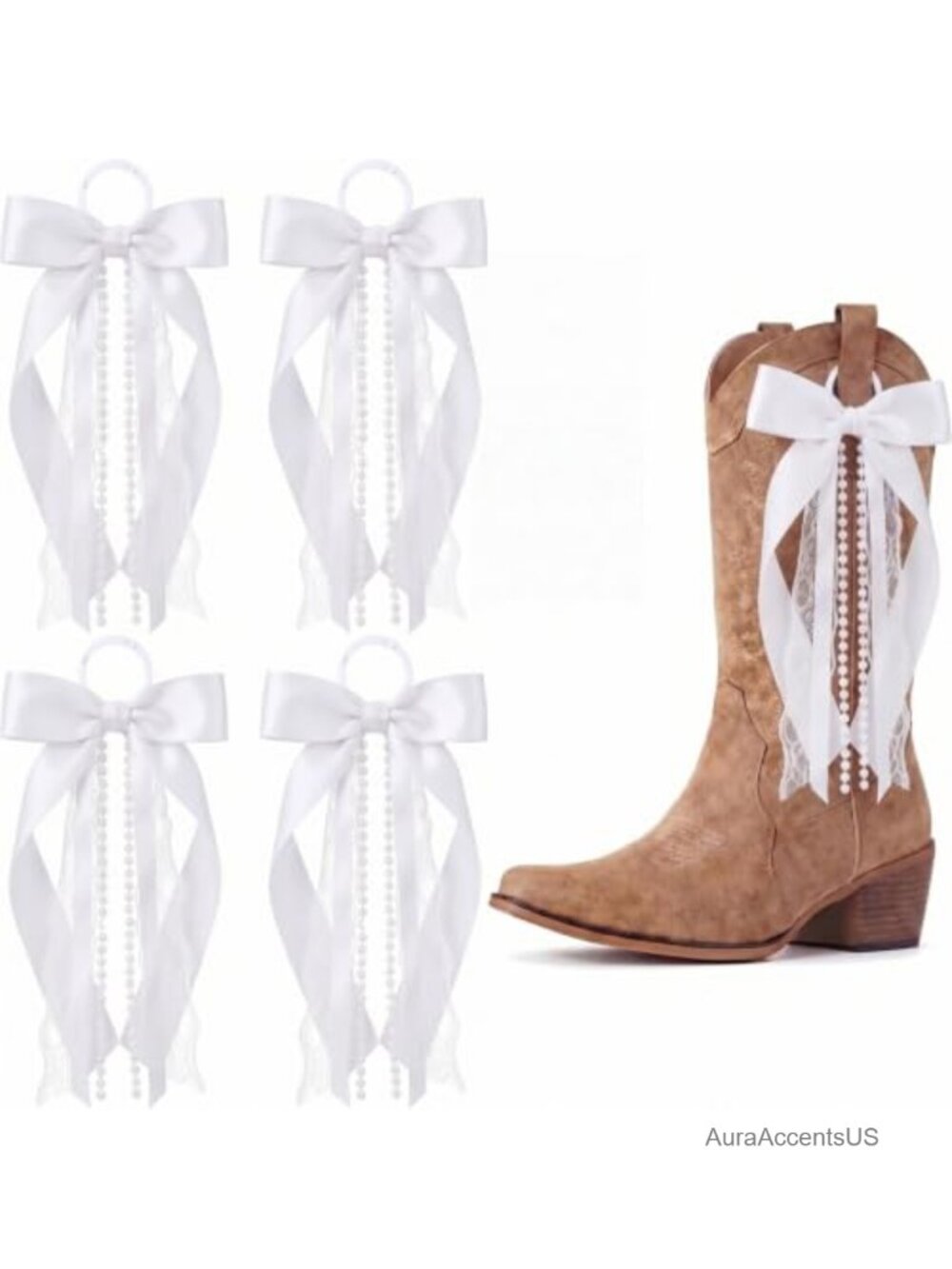 Ribbon Lace Boot Bow Clip Pearl Beaded Shoe Charm Western Wedding